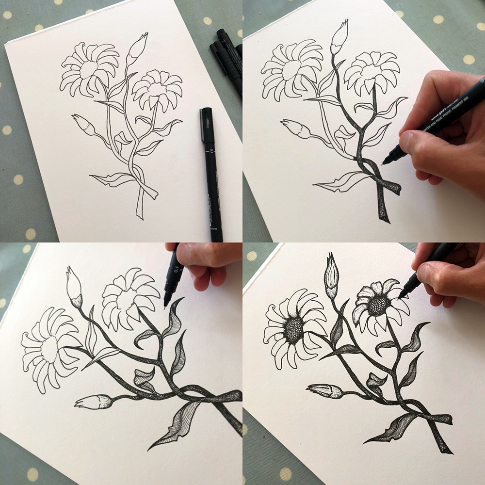 Buy Original Pen  Ink Drawing of Flowers on Archival Watercolor Online in  India  Etsy
